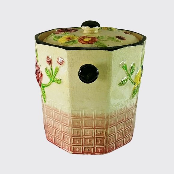 Canister with Lid Raised Floral Geometric Design Decagon Shape Ceramic Vintage - Picture 2 of 9